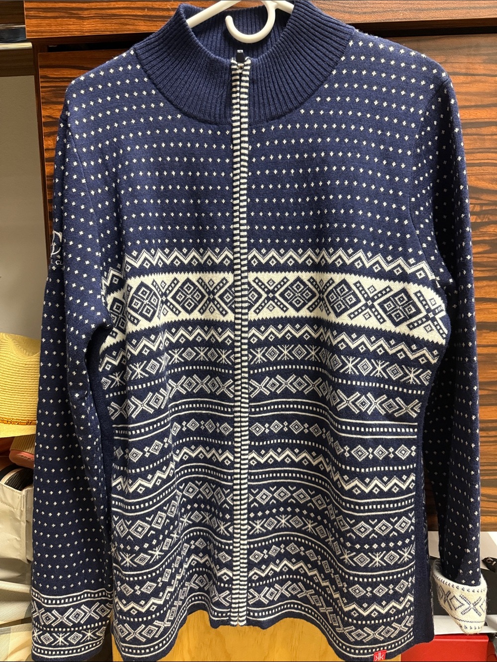 Krimson Klover Navy and White Zip-Up Fair Isle Sweater